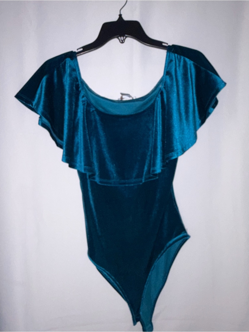 Teal Velvet Ruffle Flounce Shoulder Bodysuit